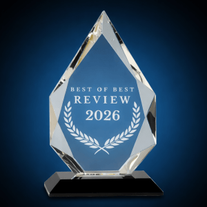 A crystal award shaped like a flame, featuring the inscription 'BEST OF BEST REVIEW 2026' and decorative laurel leaves.